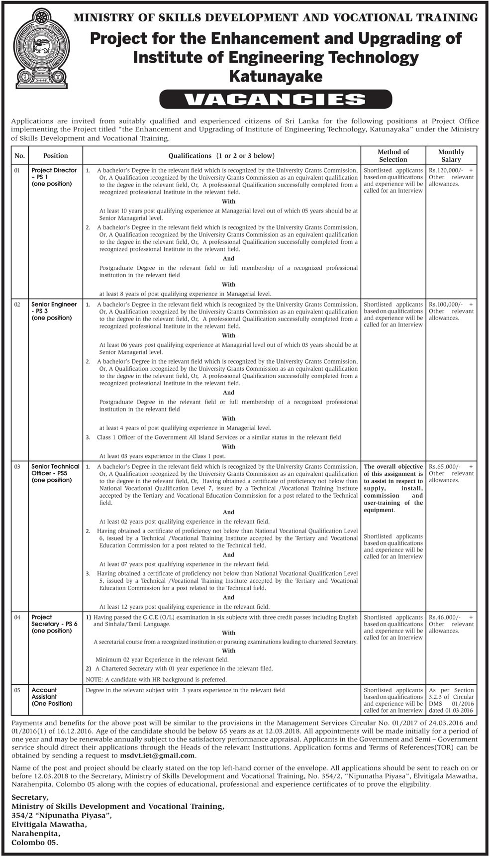 Project Director, Senior Engineer, Senior Technical Officer, Project Secretary, Accounts Assistant â€“ Ministry of Skills Development & Vocational Training